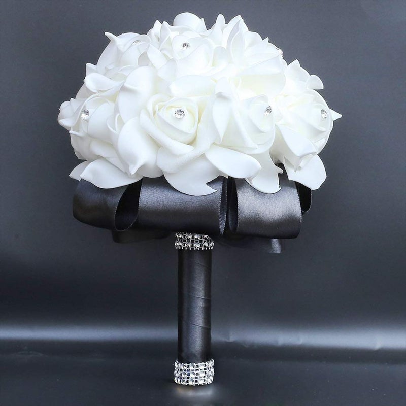 Flonding Wedding Bouquet, Black Bouquet for Bride Bridesmaid with Diamond Soft Ribbons, Artificial Rose Bridal Holding Flowers for Party Church - Image 3